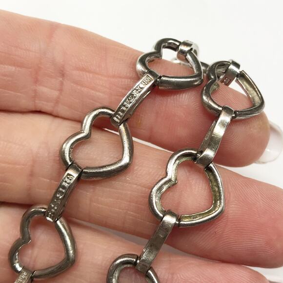 925 Sterling Silver Open Heart Charm and CZ Accented Bar Station Chain Bracelet - Picture 7 of 10